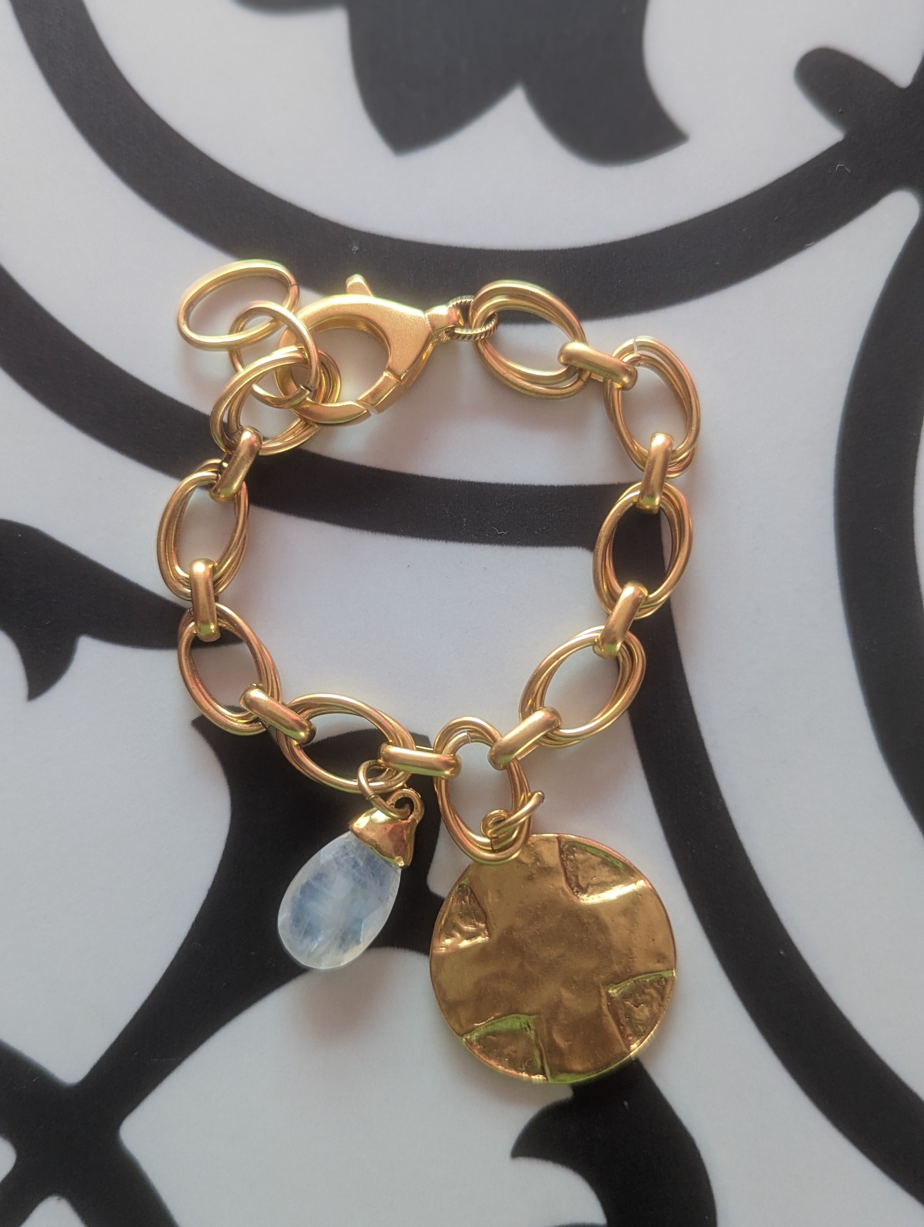 Gold link Moonstone cross pendant bracelet