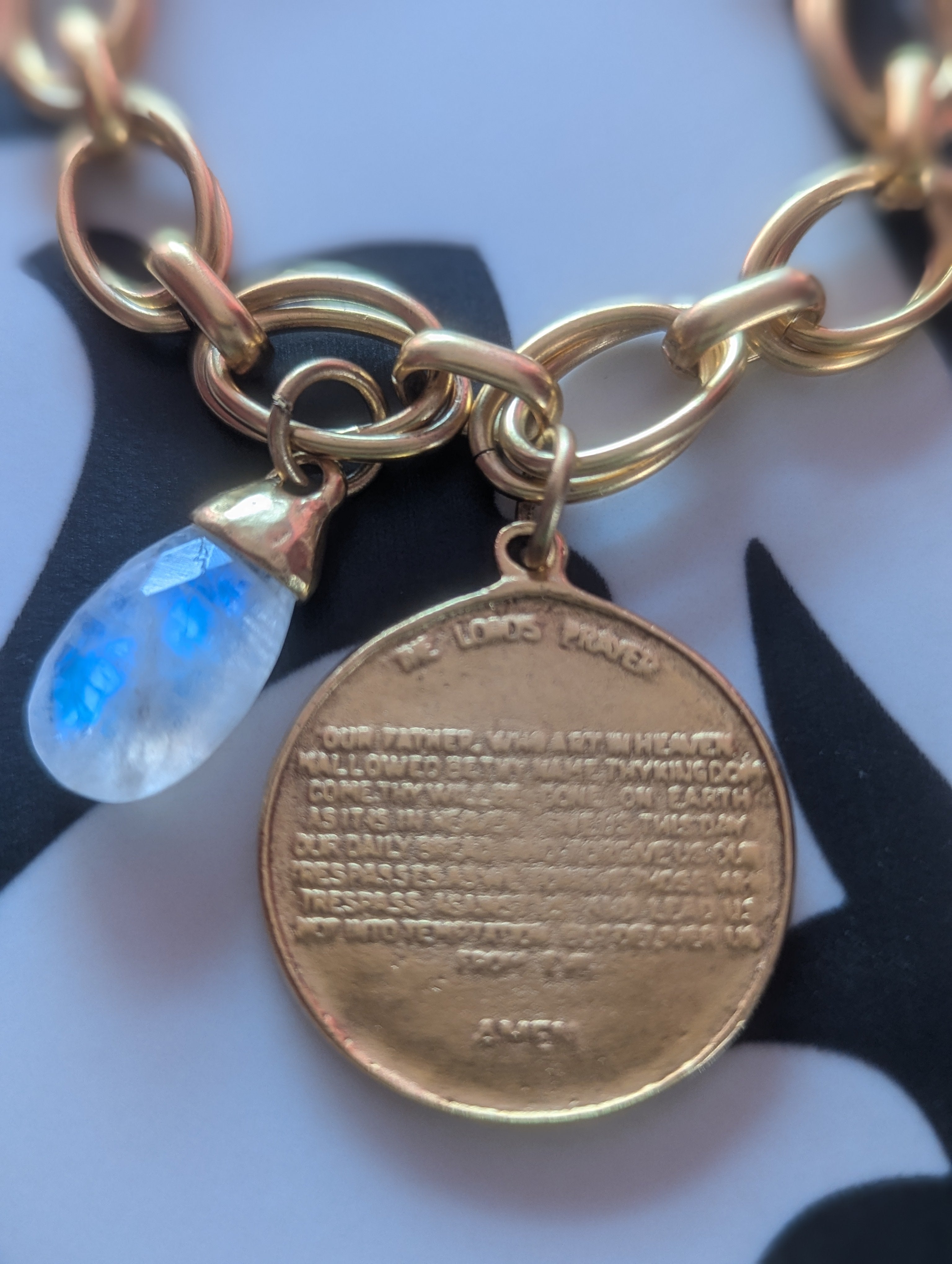 Gold link Moonstone cross pendant bracelet