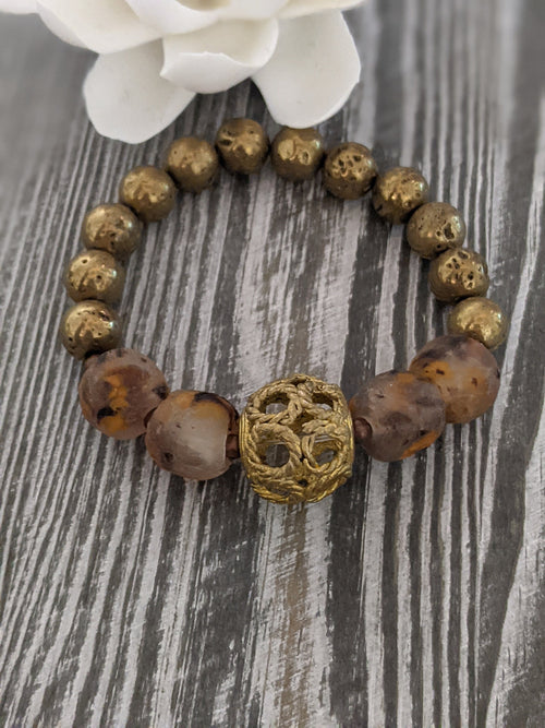 Brass and African recycled glass beaded stretch bracelet