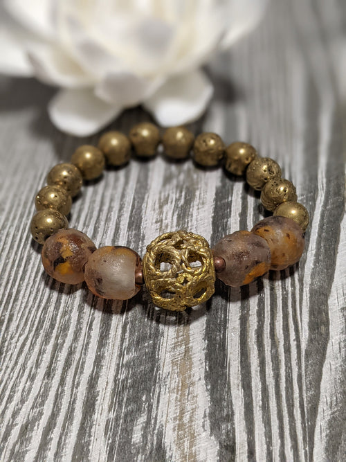 Brass and African recycled glass beaded stretch bracelet