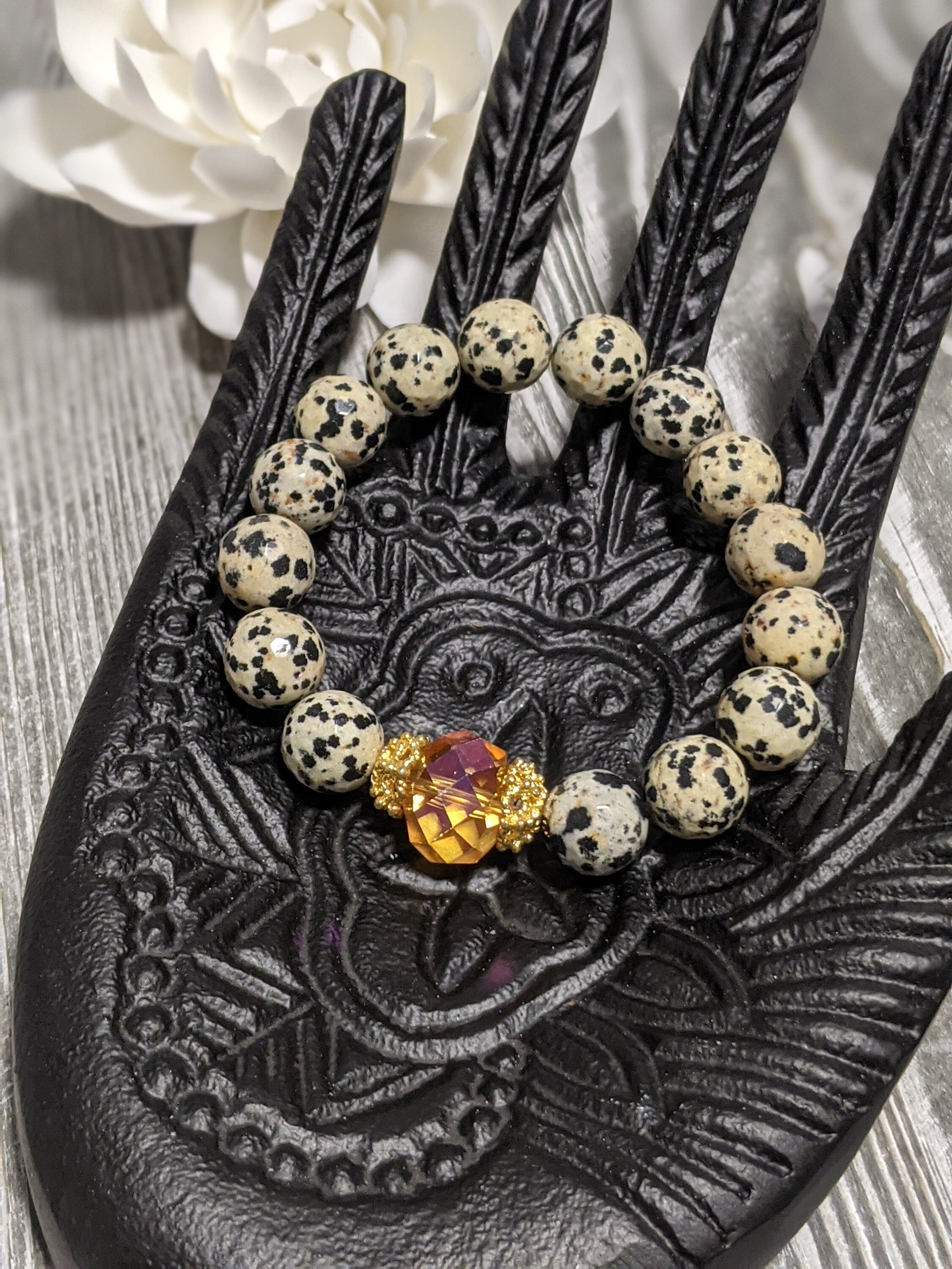 Dalmatian Jasper stretch beaded bracelet with crystal focal bead