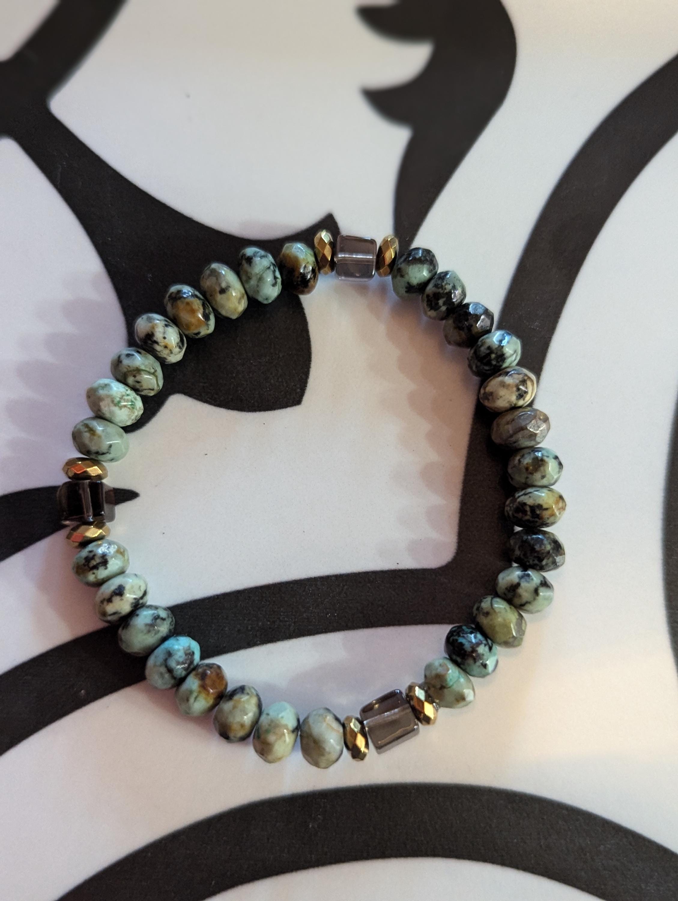 African Turquoise and smoky quartz crystal stretch bracelet