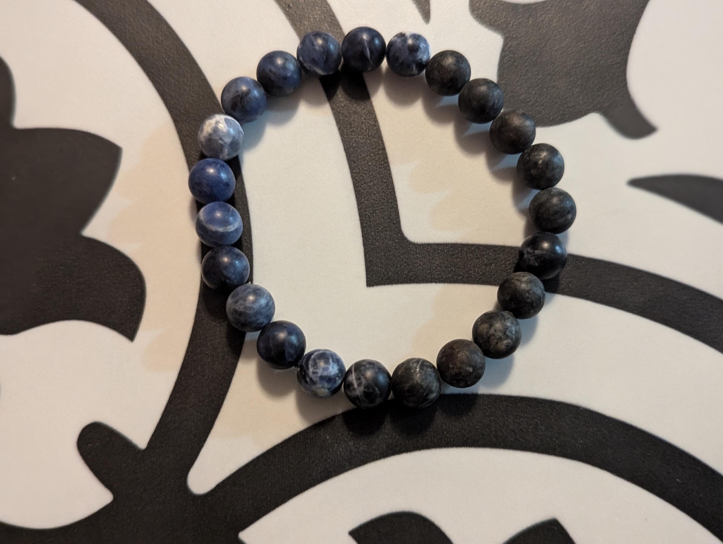 Mens sized Matte Sodalite and Black Labradorite beaded bracelet