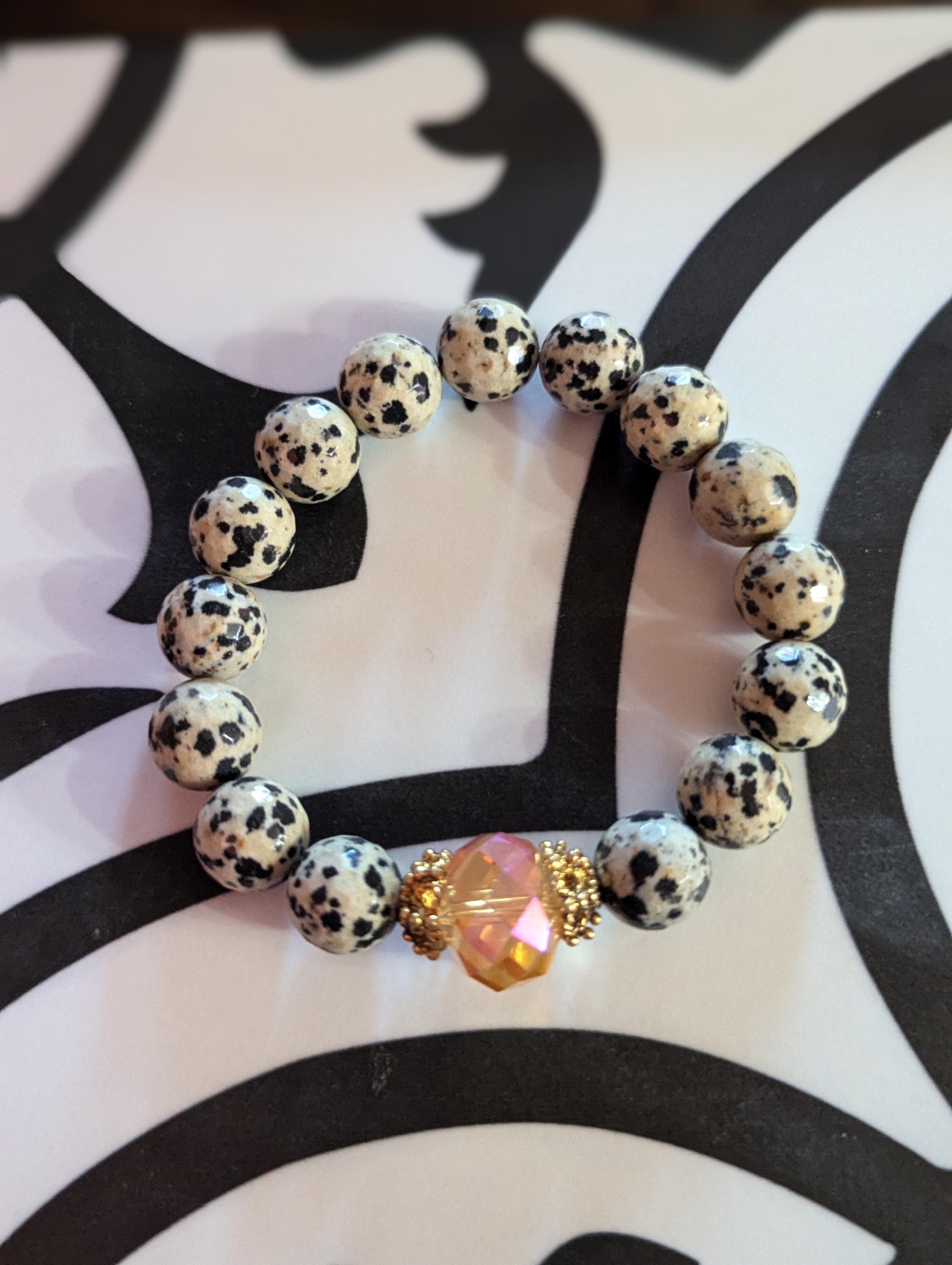 Dalmatian Jasper stretch beaded bracelet with crystal focal bead